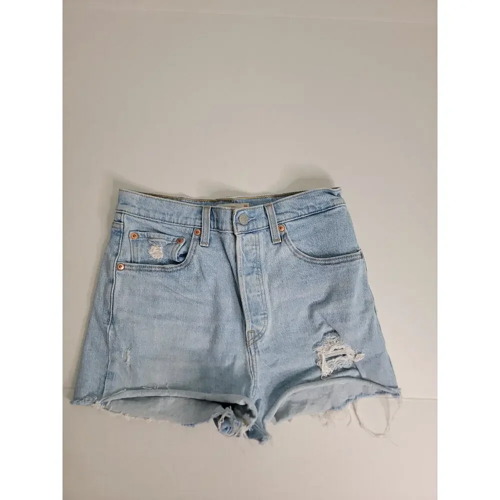 Levis Premium Ribcage Denim Shorts Womens SZ 28 Button Fly Stretch Big E